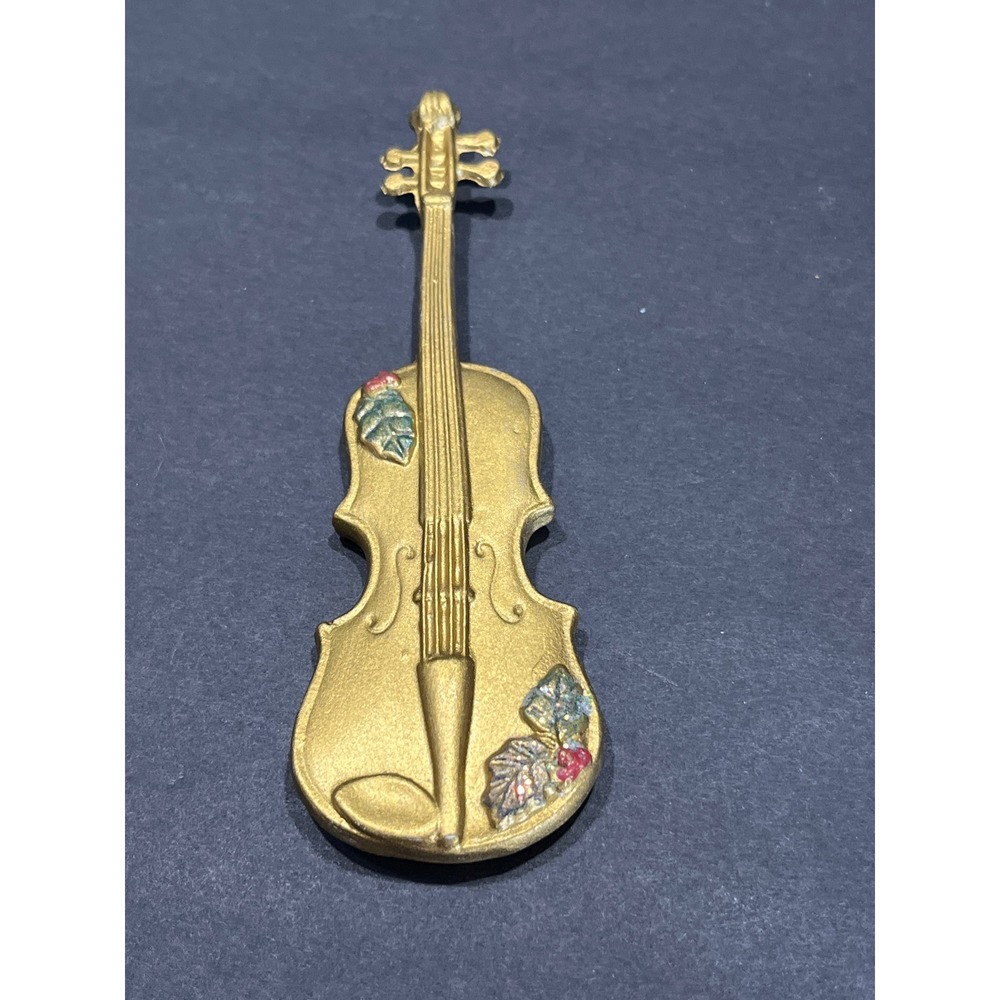 Vintage Gold Tone Violin Musical Instrument ceramic Holly Leaf Berry decoration